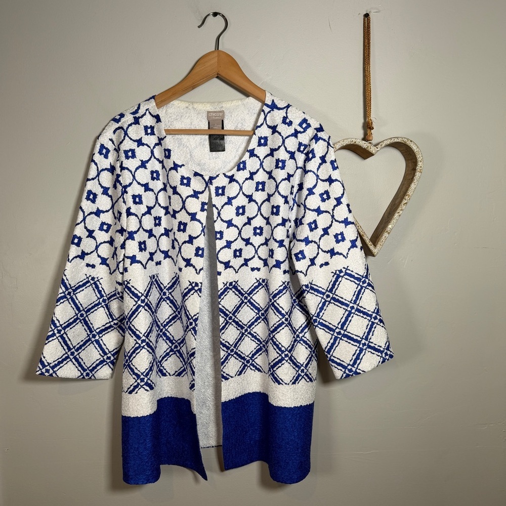 Chico's Mediterranean Pattern Open-Front Crinkle Jacket Coastal Sz 2 Blue White
